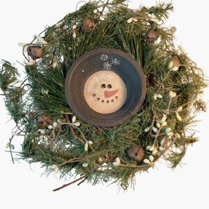 Snowman Wreath Rustic Jingle Bell Green Pine White Berry Handcrafted Centerpiece